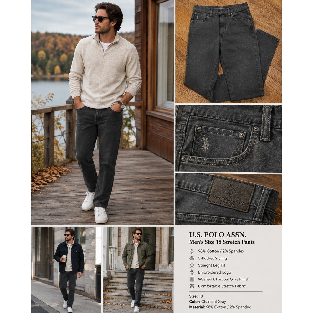 U.S. Polo Assn Mens/Teen 18 Stretch Pants Charcoal Gray 5 Pocket Straight Casual